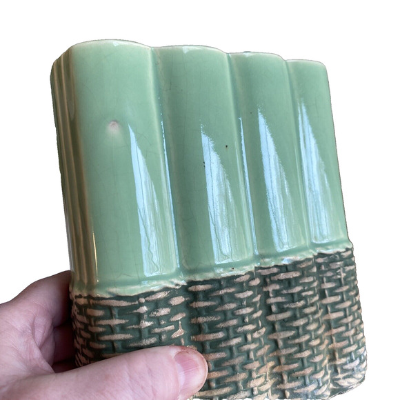Vintage McCoy Vase Art Pottery Glazed Green Matte Tan Basket Weave Wicker Look - Picture 2 of 7